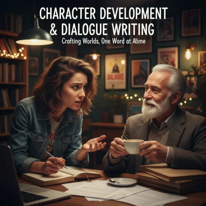 A young woman gestures while writing in a notebook and discussing with an older man at a cozy, book-filled table. Text above: “Character Development & Dialogue Writing: Crafting Worlds, One Word at a Time.”.