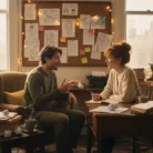In a bright study, two people brainstorm ideas for Character Development & Dialogue Writing—one taking notes while the other gestures, surrounded by sketches and notes that showcase their creative process.