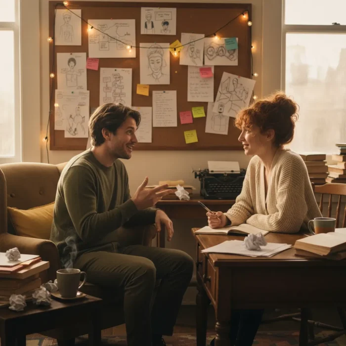 In a bright study, two people brainstorm ideas for Character Development & Dialogue Writing—one taking notes while the other gestures, surrounded by sketches and notes that showcase their creative process.