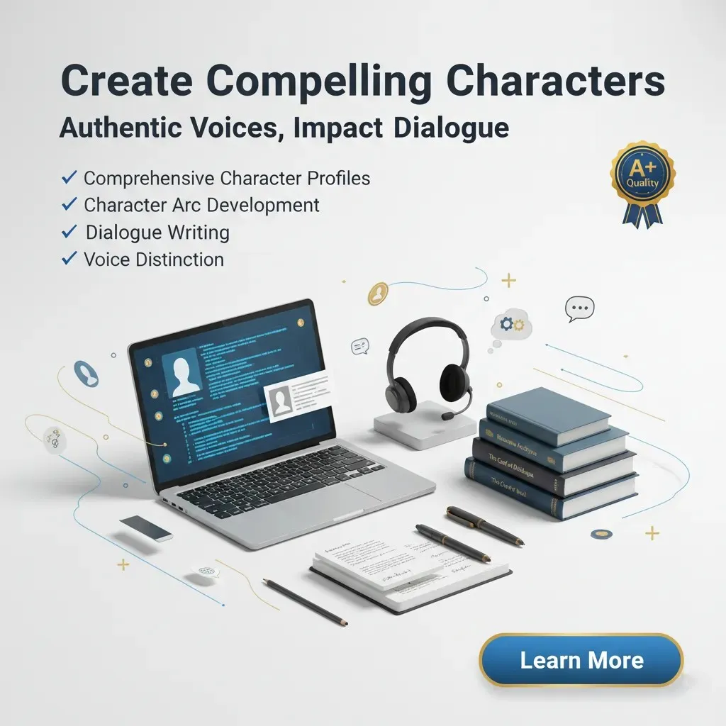 A workspace with a laptop displaying a character profile, headphones, books, and notepads. Text: “Character Development & Dialogue Writing—Master Dialogue, Impact Character Growth.” Blue “Learn More” button.