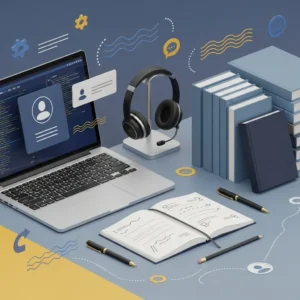 A laptop displaying the Character Development & Dialogue Writing course sits on a desk with a headset, books, and notes. Floating digital icons highlight online learning or remote work in dialogue writing.