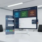 A smartphone and a monitor show the Chatbot Development & Implementation platform in a modern office. The monitor displays modules for chatbot creation, NLP, and voice integration, while the phone features an active chatbot conversation.