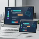 A desktop computer and tablet display the Chatbot Development & Implementation interface, featuring a chat, Facebook, WhatsApp, and Instagram icons, a digital brain graphic, and a keyboard and mouse on a dark blue background.