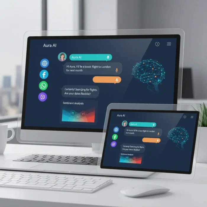 A desktop computer and tablet display the Chatbot Development & Implementation interface, featuring a chat, Facebook, WhatsApp, and Instagram icons, a digital brain graphic, and a keyboard and mouse on a dark blue background. A desktop computer and tablet display the Chatbot Development & Implementation interface, featuring a chat, Facebook, WhatsApp, and Instagram icons, a digital brain graphic, and a keyboard and mouse on a dark blue background.