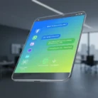 A transparent smartphone displays colorful order status chats, highlighting Chatbot Development & Implementation, with Facebook, WhatsApp, and Messenger icons on the left and AI symbols floating over a blurred office background.