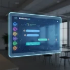 A futuristic transparent AI interface floats in a modern office. Messaging app icons line the left, while the center features Chatbot Development & Implementation with a live chat and sentiment analysis. "AURORA AI" appears above chat bubbles; a voice icon is on the right.
