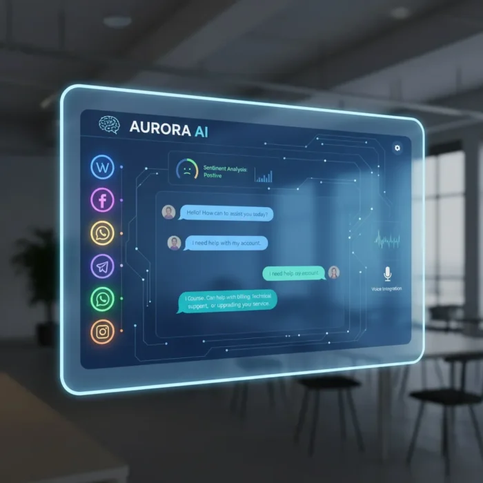 A futuristic transparent AI interface floats in a modern office. Messaging app icons line the left, while the center features Chatbot Development & Implementation with a live chat and sentiment analysis. "AURORA AI" appears above chat bubbles; a voice icon is on the right. A futuristic transparent AI interface floats in a modern office. Messaging app icons line the left, while the center features Chatbot Development & Implementation with a live chat and sentiment analysis. "AURORA AI" appears above chat bubbles; a voice icon is on the right.
