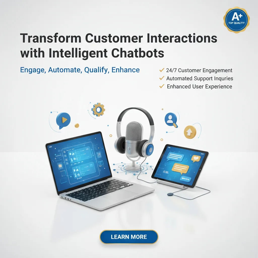Laptops, tablets, and smartphones show chatbot interfaces. A headset sits among them. Text: โTransform Customer Interactions with Chatbot Development & Implementation.โ Icons and checkmarks highlight chatbot benefits.