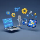 A 3D illustration for Chatbot Development & Implementation features a laptop with graphs, a tablet with chat bubbles, a microphone, and blue headphones, using vibrant icons to symbolize digital media and communication innovation.