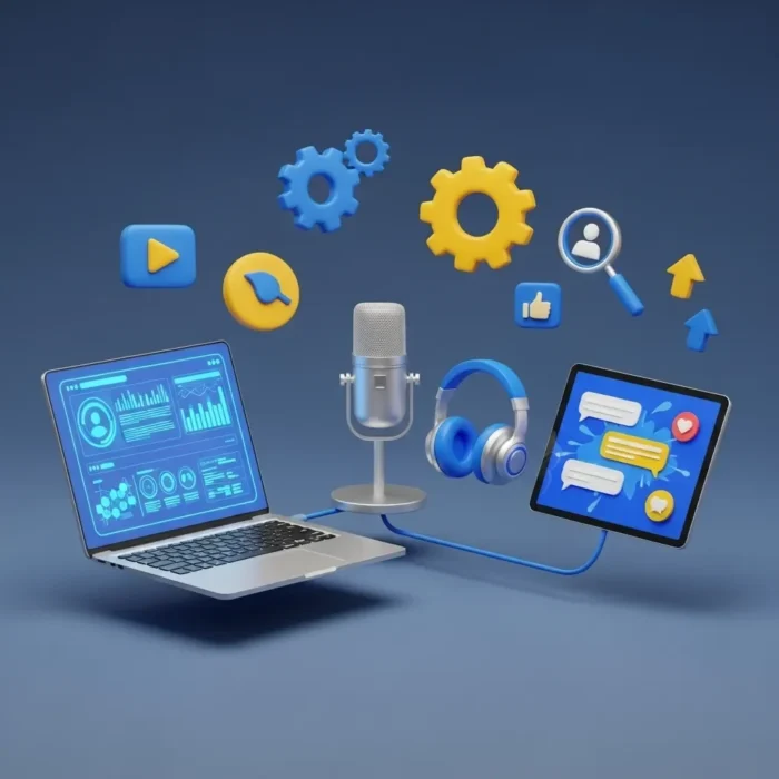 A 3D illustration for Chatbot Development & Implementation features a laptop with graphs, a tablet with chat bubbles, a microphone, and blue headphones, using vibrant icons to symbolize digital media and communication innovation. A 3D illustration for Chatbot Development & Implementation features a laptop with graphs, a tablet with chat bubbles, a microphone, and blue headphones, using vibrant icons to symbolize digital media and communication innovation.