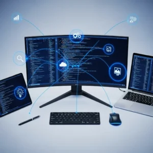 A gradient light blue workspace features displays with code and digital icons, symbolizing data flow for Custom Software Development. A wireless keyboard, mouse, and pen are placed neatly on the desk beneath connected curved monitor, laptop, and tablet.