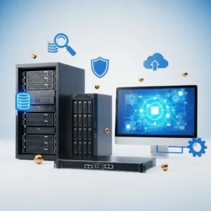 A server rack, network device, and monitor with a blue digital interface are shown. Icons for data storage, security, and cloud computing highlight Database Design and Management on a gradient blue background.