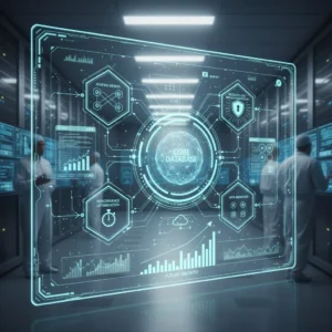 A futuristic server room with scientists in lab coats features a transparent digital interface displaying “Database Design and Management,” alongside charts, data flow diagrams, and icons for database management, security, performance, and optimization. A futuristic server room with scientists in lab coats features a transparent digital interface displaying "Database Design and Management," alongside charts, data flow diagrams, and icons for database management, security, performance, and optimization.