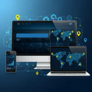 A smartphone, laptop, and desktop monitor show digital maps with yellow location pins, geometric tech icons, and network lines, illustrating how Display Network Advertising drives global connectivity and advances data analytics.