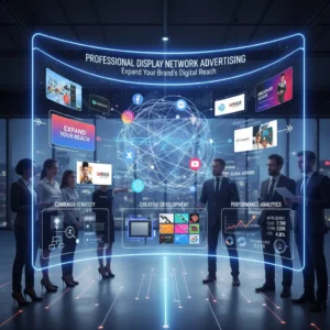 Business professionals in a high-tech office view a digital screen labeled "Display Network Advertising," featuring icons and charts that highlight global reach, analytics, creative development, and campaign strategy.