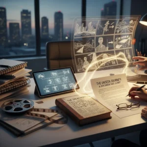 A modern desk features "Documentary Script Writing & Treatment" essentials—script, storyboard, notebook, glasses, and tablet. Holographic storyboards glow above the desk, while city skyscrapers shine through large windows at dusk.
