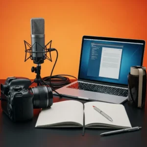 A podcast setup on a black desk features a laptop with the "Documentary Script Writing & Treatment" project, condenser mic, DSLR camera, notebook, pen, and travel mug. The background glows with a vibrant orange gradient.