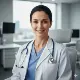 A female doctor with dark hair pulled back is smiling, wearing a white coat over blue scrubs with a stethoscope around her neck. She is seated in a modern, bright medical office with computer monitors and medical equipment in the background.