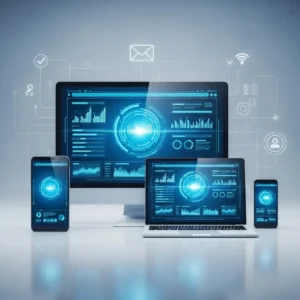 Drip Campaign Development is shown on a desktop monitor, laptop, tablet, and smartphone with blue data visualizations and charts, while tech icons float in the background to symbolize connectivity across modern devices.