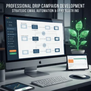 An office desk shows devices with Email Marketing automation workflows. Above reads: “Drip Campaign Development. Strategic Email Automation & Lead Nurturing.” A glowing plant with email icons highlights growth.