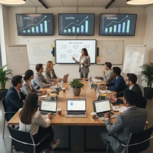 During an Email Marketing Training session, a businesswoman presents data charts on a large screen to colleagues, with three wall-mounted monitors showing upward trends and whiteboards with diagrams and notes in the background.