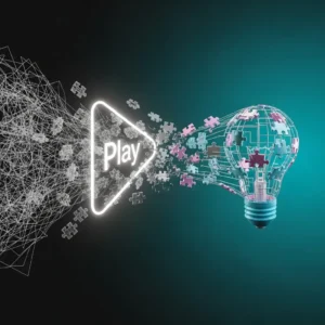 A glowing triangular "Play" button animates puzzle pieces forming a light bulb, symbolizing ideas. This represents Explainer Video Development, with tangled lines becoming a finished bulb on teal to showcase creative problem-solving.