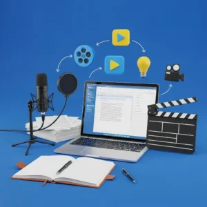 A laptop with a document sits on a desk surrounded by papers, a notebook, pen, microphone, and clapperboard—ideal for Feature Film Screenplay Writing. Above, film reel and video icons are linked by arrows on a blue background.