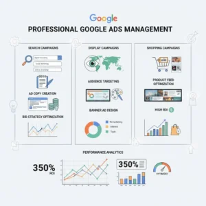 Infographic titled “Google Ads Management” showcases expert management of search, display, and shopping campaigns, with icons for ad creation, targeting, optimization, 350% ROI charts, and enhanced campaign performance.