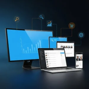 A desktop monitor, laptop, tablet, and smartphone display graphs, charts, and user profiles. Floating icons represent search, Google Ads Management, shopping cart, and a globe—symbolizing digital connectivity and data management.