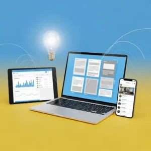 Landing Page Content features a tablet, laptop, and smartphone displaying digital interfaces on yellow and blue, with a glowing light bulb above for innovation and curved lines illustrating digital connectivity.