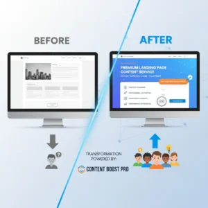 Split image shows two computer screens: "BEFORE" with a dull grayscale landing page, "AFTER" with vibrant blue accents and excited users. Text: “Landing Page transformation powered by Landing Page Content.”.