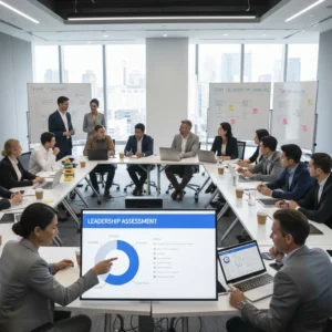A diverse group of professionals gathers in a modern office to discuss Leadership Development Programs, with a large screen showing a “Leadership Assessment” pie chart and whiteboards filled with notes and charts in the background.