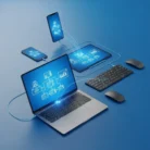Four devices—a laptop, tablet, and two smartphones—display synchronized flowcharts and data graphs for Marketing Automation Setup. A wireless keyboard and mouse rest on a solid blue background, highlighting streamlined digital connectivity.