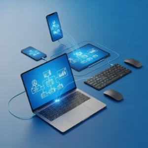 Four devicesโa laptop, tablet, and two smartphonesโdisplay synchronized flowcharts and data graphs for Marketing Automation Setup. A wireless keyboard and mouse rest on a solid blue background, highlighting streamlined digital connectivity.