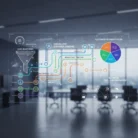 In a modern office, a transparent digital dashboard displays a customer journey flowchart with icons for lead nurturing and the Marketing Automation Setup product, colorful pie chart, and process lines, with blurred desks in the background.