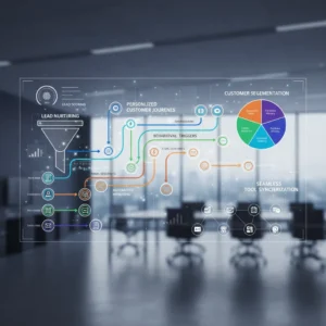 In a modern office, a transparent digital dashboard displays a customer journey flowchart with icons for lead nurturing and the Marketing Automation Setup product, colorful pie chart, and process lines, with blurred desks in the background. In a modern office, a transparent digital dashboard displays a customer journey flowchart with icons for lead nurturing and the Marketing Automation Setup product, colorful pie chart, and process lines, with blurred desks in the background.