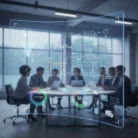 In a modern office, people sit around a conference table with laptops as a transparent digital screen in the foreground displays Marketing Automation Setup charts, graphs, and customer management icons, creating a futuristic tech atmosphere.