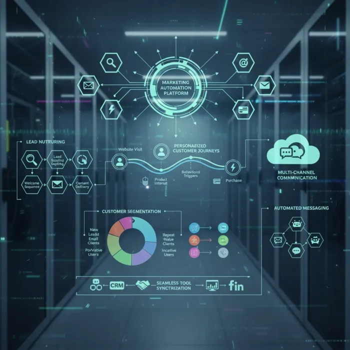 A futuristic graphic highlights Marketing Automation Setup with icons and flowcharts for lead nurturing, customer segmentation, personalized journeys, omnichannel messaging, CRM, and data syncing over a data center hallway.