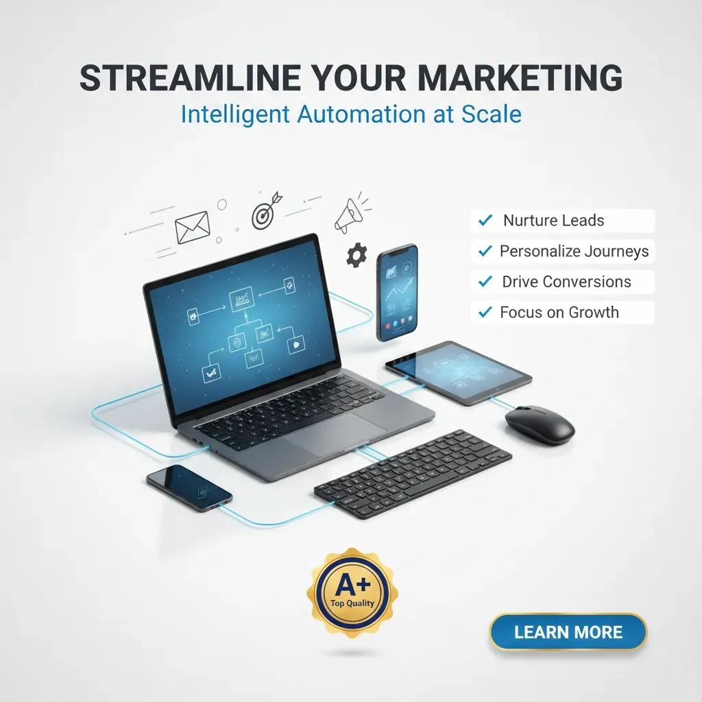 A laptop, tablet, smartphone, and keyboard connect with blue lines, representing the seamless Marketing Automation Setup workflow. Icons for tasks float above. Text: "Streamline Your Marketing – Automation at Scale" with four benefits and a "Learn More" button.