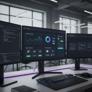 Three computer monitors on a modern desk show dashboards featuring charts, code, and Modern Web Applications analytics. The workspace has a sleek keyboard, mouse, purple LED lighting, large windows, and minimal decor in a bright office.