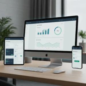 A modern desk features a desktop, tablet, and smartphone—each displaying synchronized business analytics dashboards from Modern Web Applications—alongside a keyboard and mouse, with natural light streaming in from the window.