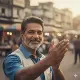 A middle-aged man with salt-and-pepper hair and beard smiles warmly, standing outdoors in a lively street market. He wears a blue shirt and a light vest, with his hands raised together in a gesture of greeting or respect. The background is softly blurred.