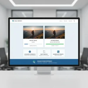 The Photo Optimization for Web tool is shown on a monitor with "Original Image" and "Optimized Image" previews, highlighting an 82% reduction for better SEO. Feature icons and descriptions are displayed below, set against a modern office background.