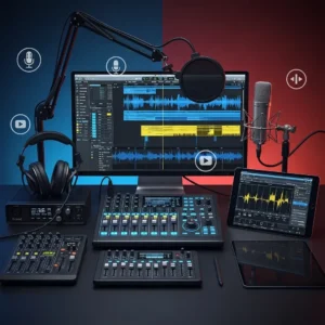 The Podcast Production & Editing setup includes a large monitor with audio editing software, a boom arm microphone with pop filter, headphones, audio mixers, an interface, and tablet—all on a desk with a split blue-red background.