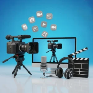 A digital illustration showcases Product Demo Videos: a video camera on a tripod, desktop displaying demos, microphone, headphones, and clapperboard. Floating media icons appear above, all set on a blue gradient background.