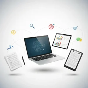 A laptop floats amid a clipboard, papers, pen, and tablet with charts. Above, dotted lines connect icons—settings, search, target, cart, chat—showcasing Sales Page Copywriting and a streamlined digital workflow.