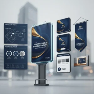 The Signage & Banner Design mockup collection showcases city-focused design services with navy blue and gold accents, featuring a large billboard, hanging banners, wall signs, and a planning chart for diverse signage solutions.