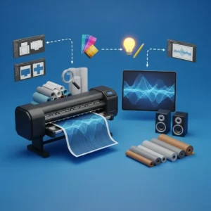 The Signage & Banner Design printer creates a blue wavy graph. Around it are paper rolls, a color palette, magnifier, tablet with the graph, speakers, and floating signage design interface windows on a blue background.