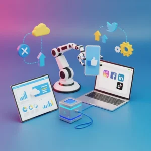 A robotic arm holds a smartphone with a thumbs-up icon between a laptop showing social media logos and a tablet displaying charts, highlighting Social Media Automation Tools and data analysis features on a blue-pink background.