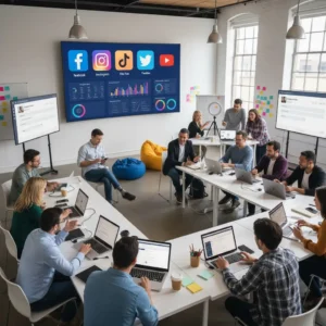 Professionals gather in a modern office with laptops, engaging in Social Media Marketing Workshops. A screen shows social media logos and analytics, creating a collaborative, tech-driven environment.